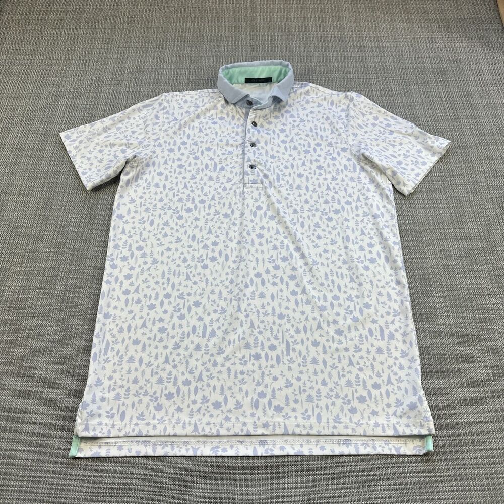 Greyson White Polo with Light Blue Leaf Print and Mint Collar Trim